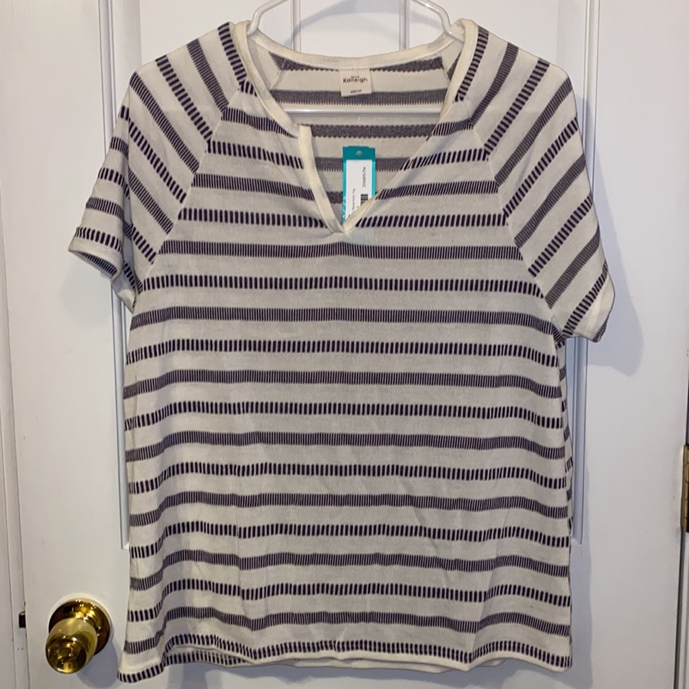 Kayleigh Elyse Split Neck Knit Top, White with Blue Strips, Large